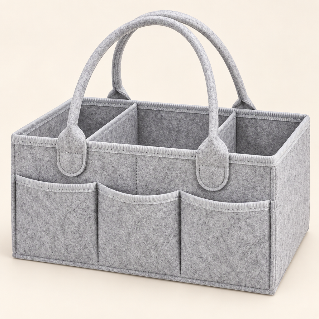 AI colour preview: Light grey felt nursery caddy. Approximate shade; final sample photography pending. Organizer only.