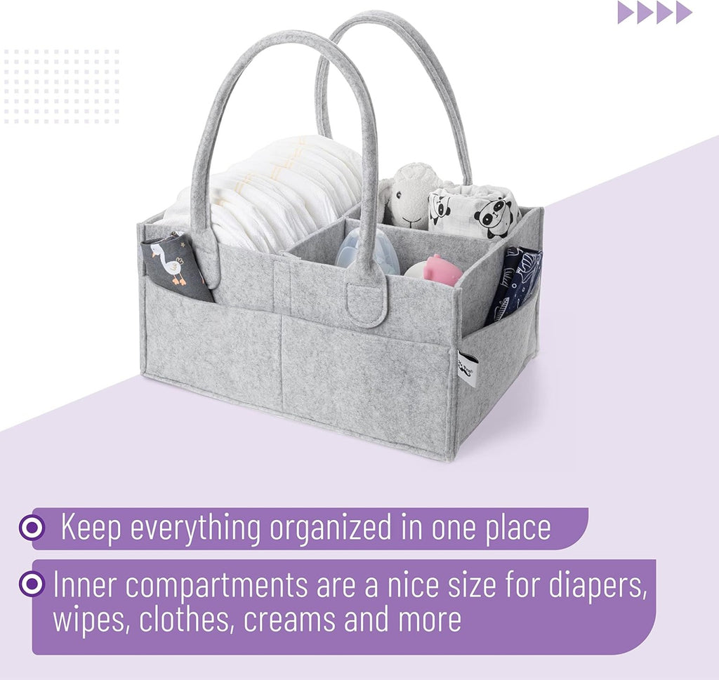 Supplier reference graphic showing a grey felt caddy with diapers, muslin and divided storage. Exact model and image permission pending; contents not included.