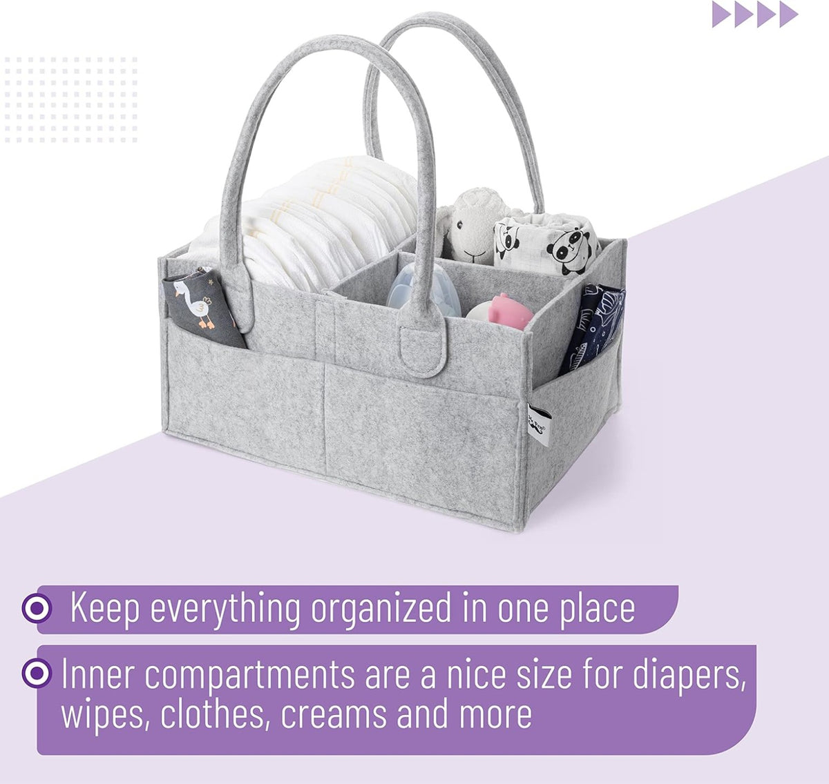 Supplier reference graphic showing a grey felt caddy with diapers, muslin and divided storage. Exact model and image permission pending; contents not included.