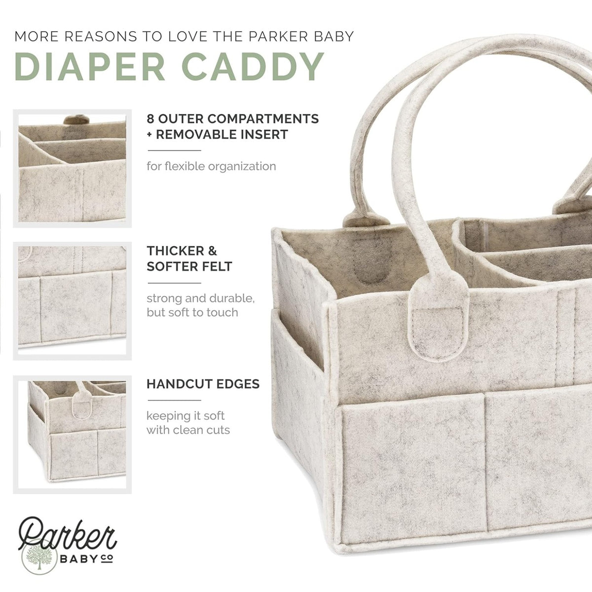 Supplier-provided Parker Baby caddy graphic. Its pocket-count, material and construction claims are unverified for the LEONO product.